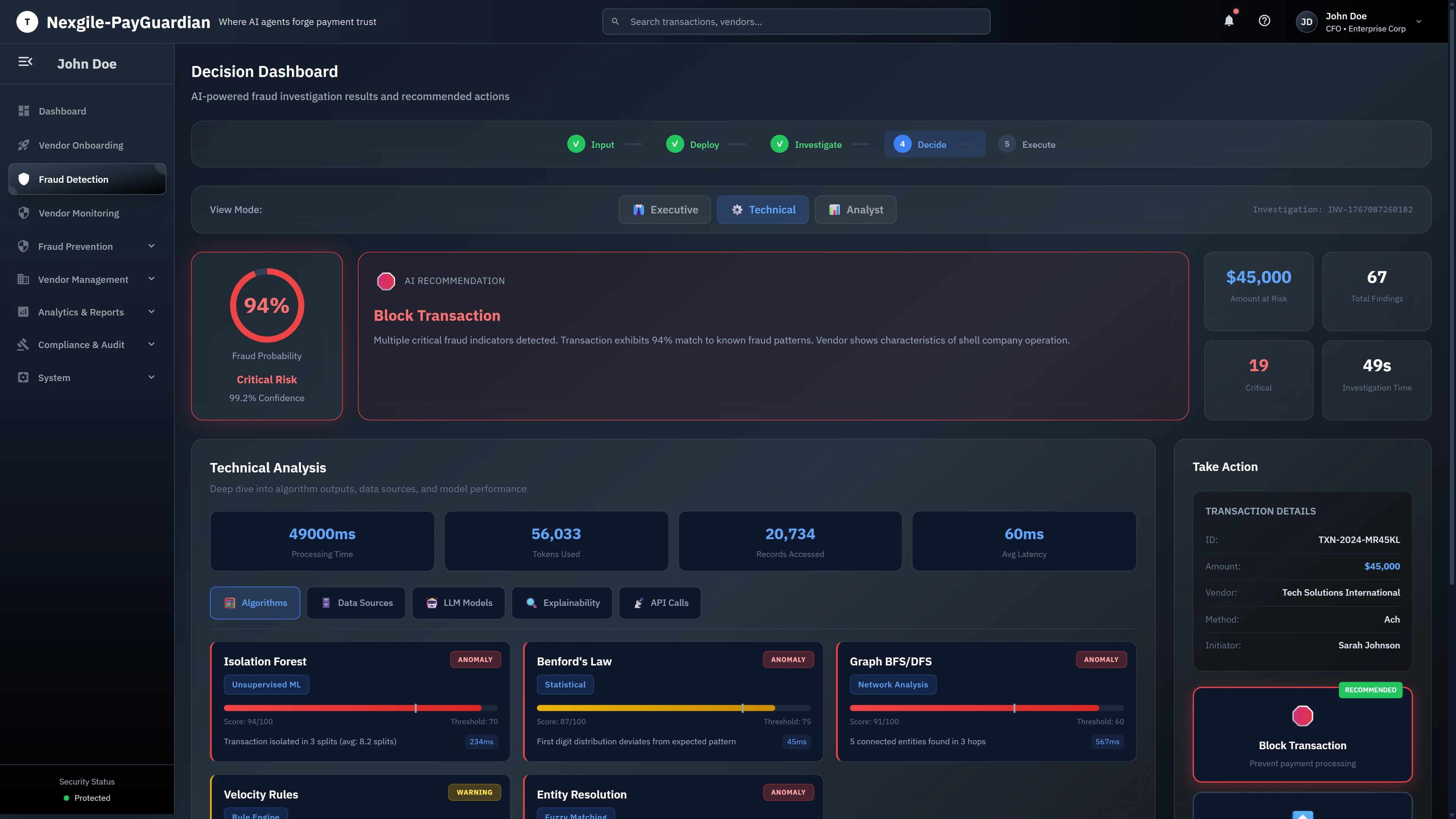 Illustrative preview (sample data, not verified outcomes): Decision Dashboard - AI-powered fraud investigation results showing 94% fraud probability (Critical Risk) with Block Transaction recommendation, technical analysis metrics, and anomaly detection algorithms (Isolation Forest, Benford's Law, Graph BFS/DFS network analysis)