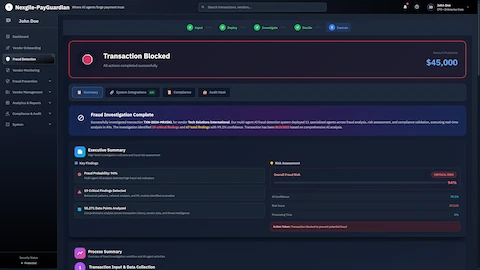 Illustrative preview (sample data, not verified outcomes): Transaction Blocked - Fraud investigation completion screen showing executive summary with 19 critical findings, 67 total findings, 94% overall fraud risk, 99.2% AI confidence, and process summary documenting the blocked transaction outcome