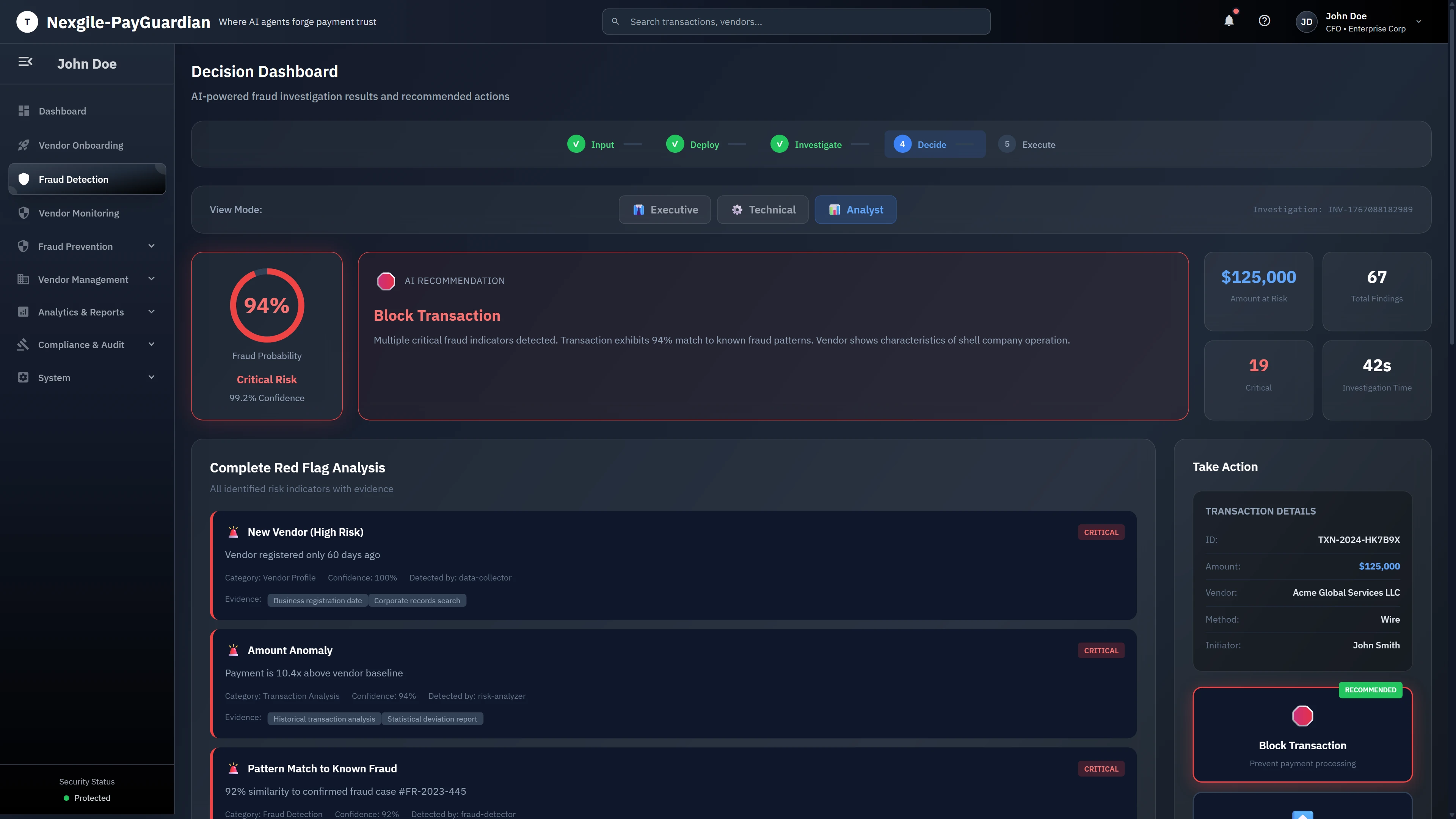 Illustrative preview (sample data, not verified outcomes): Complete Red Flag Analysis - Analyst view displaying all identified risk indicators including New Vendor (High Risk), Amount Anomaly (10.4x baseline), Pattern Match to Known Fraud (92% similarity), with transaction details and recommended protective action