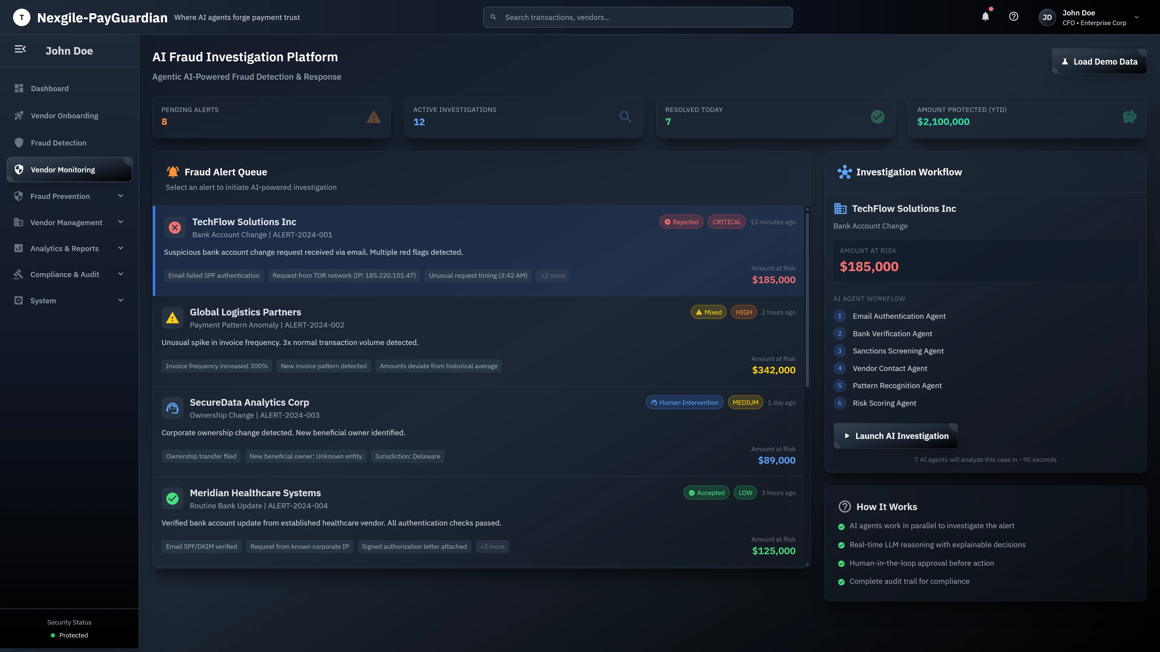 Illustrative preview (sample data, not verified outcomes): AI Fraud Investigation Platform - Case intake screen with fraud alert queue displaying multiple vendor alerts with severity levels (Critical, High, Medium, Low), investigation workflow showing 6 AI agents, and amount protected metrics ($2.1M YTD)