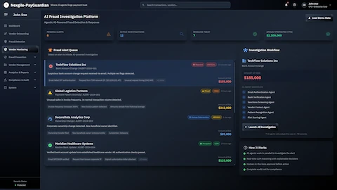 Illustrative preview (sample data, not verified outcomes): AI Fraud Investigation Platform - Case intake screen with fraud alert queue displaying multiple vendor alerts with severity levels (Critical, High, Medium, Low), investigation workflow showing 6 AI agents, and amount protected metrics ($2.1M YTD)