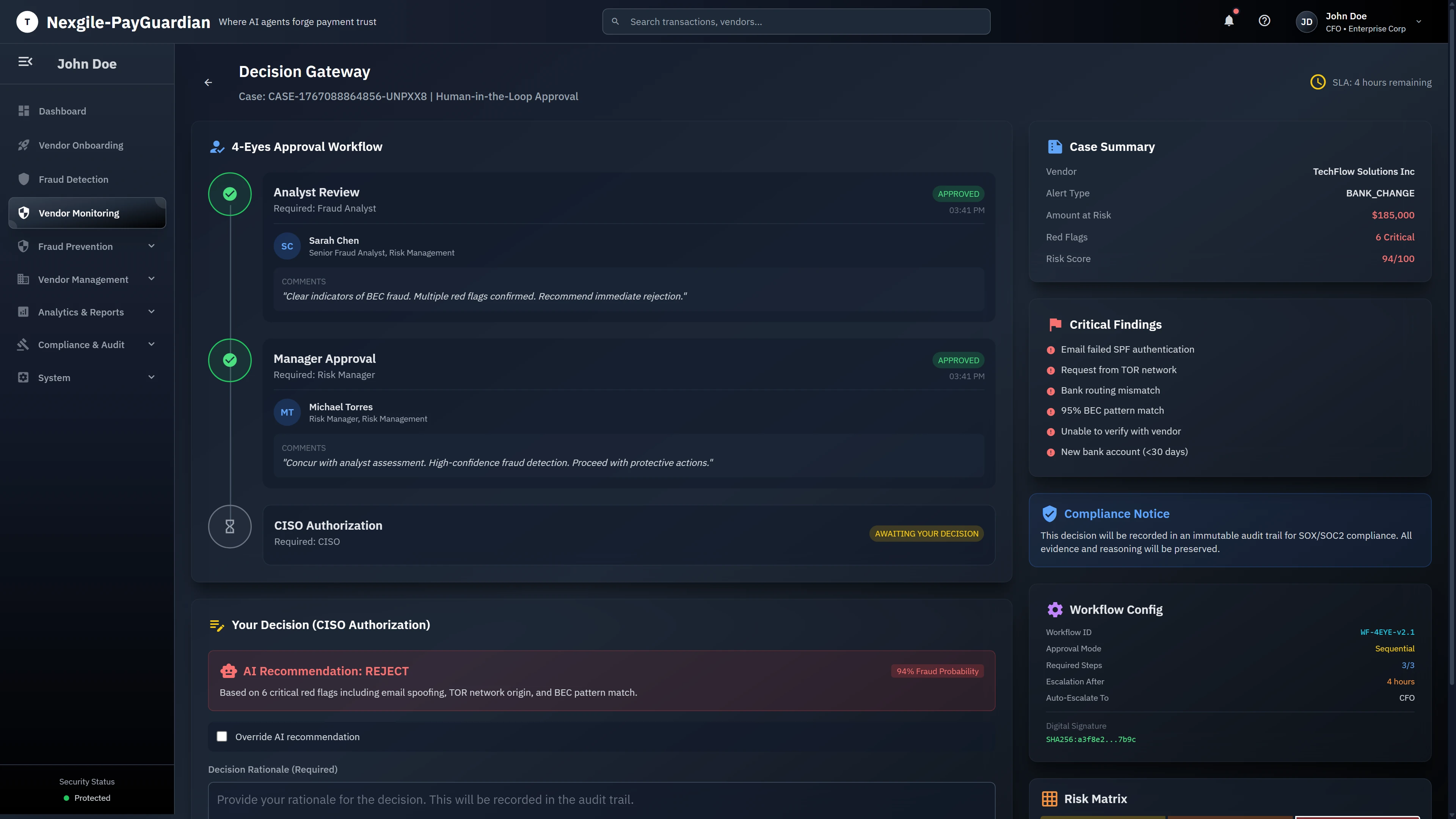 Illustrative preview (sample data, not verified outcomes): Decision Gateway - Human-in-the-loop 4-Eyes approval workflow showing sequential authorization (Analyst Review, Manager Approval, CISO Authorization) with case summary, 6 critical findings, AI recommendation to reject, and SOX/SOC2 compliance notice