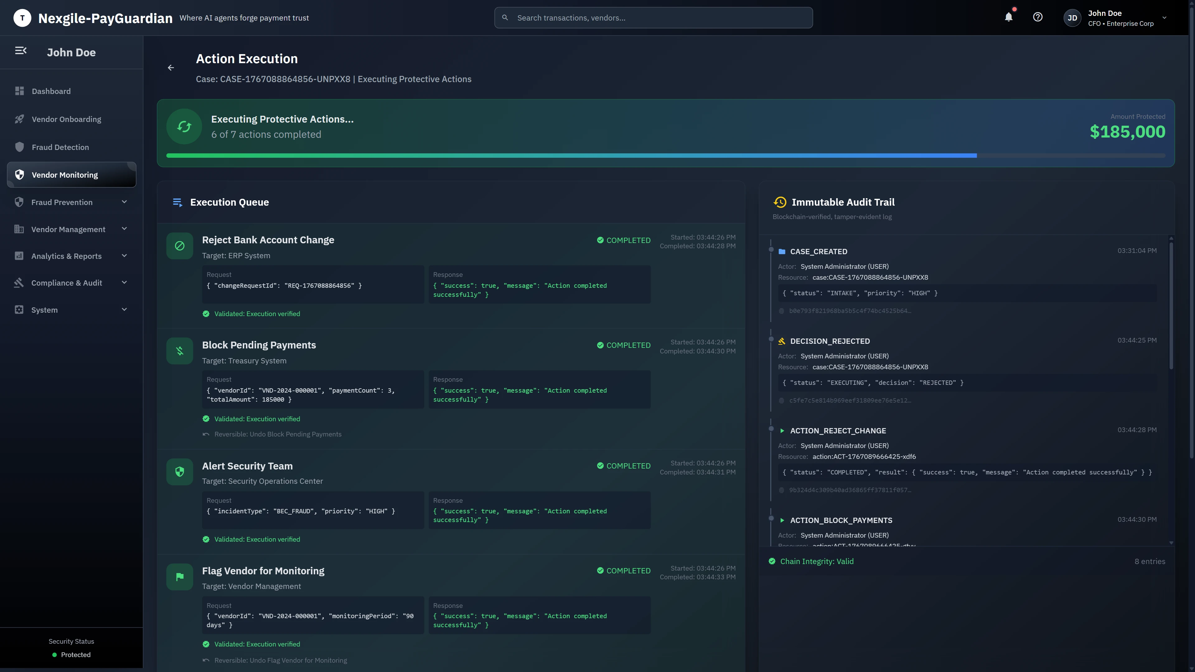 Illustrative preview (sample data, not verified outcomes): Action Execution - Automated protective actions execution queue showing completed tasks (Reject Bank Account Change, Block Pending Payments, Alert Security Team, Flag Vendor for Monitoring) with blockchain-verified immutable audit trail and chain integrity validation