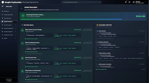 Illustrative preview (sample data, not verified outcomes): Action Execution - Automated protective actions execution queue showing completed tasks (Reject Bank Account Change, Block Pending Payments, Alert Security Team, Flag Vendor for Monitoring) with blockchain-verified immutable audit trail and chain integrity validation