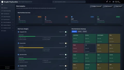 Illustrative preview (sample data, not verified outcomes): Risk Analytics - Comprehensive risk scoring dashboard with customizable weight adjusters and trend analysis