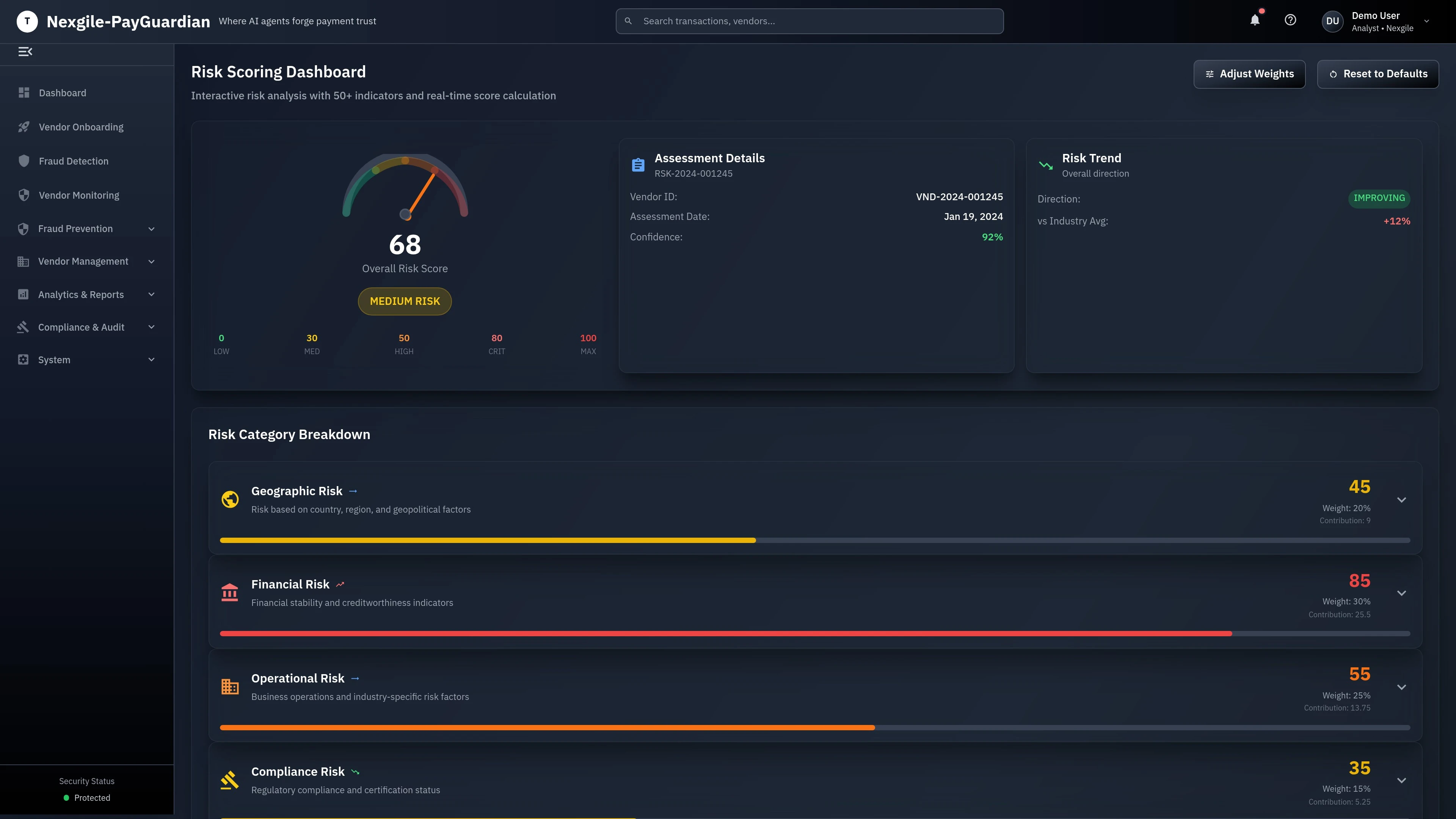 Illustrative preview (sample data, not verified outcomes): Risk Analytics & Scoring - Customizable risk scoring dashboard with weight adjusters