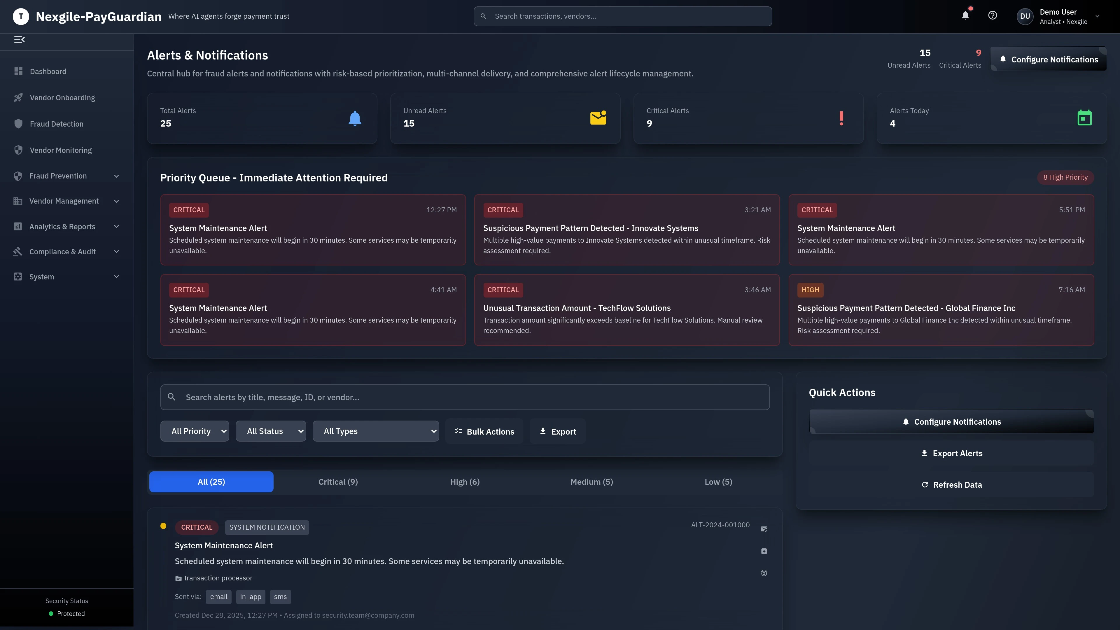 Illustrative preview (sample data, not verified outcomes): Alert Management - Real-time fraud alerts and intelligent notification system