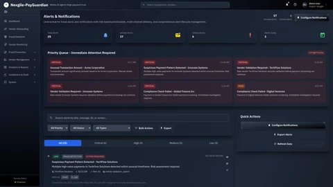 Illustrative preview (sample data, not verified outcomes): Alert Management - Real-time fraud alerts and intelligent notification system