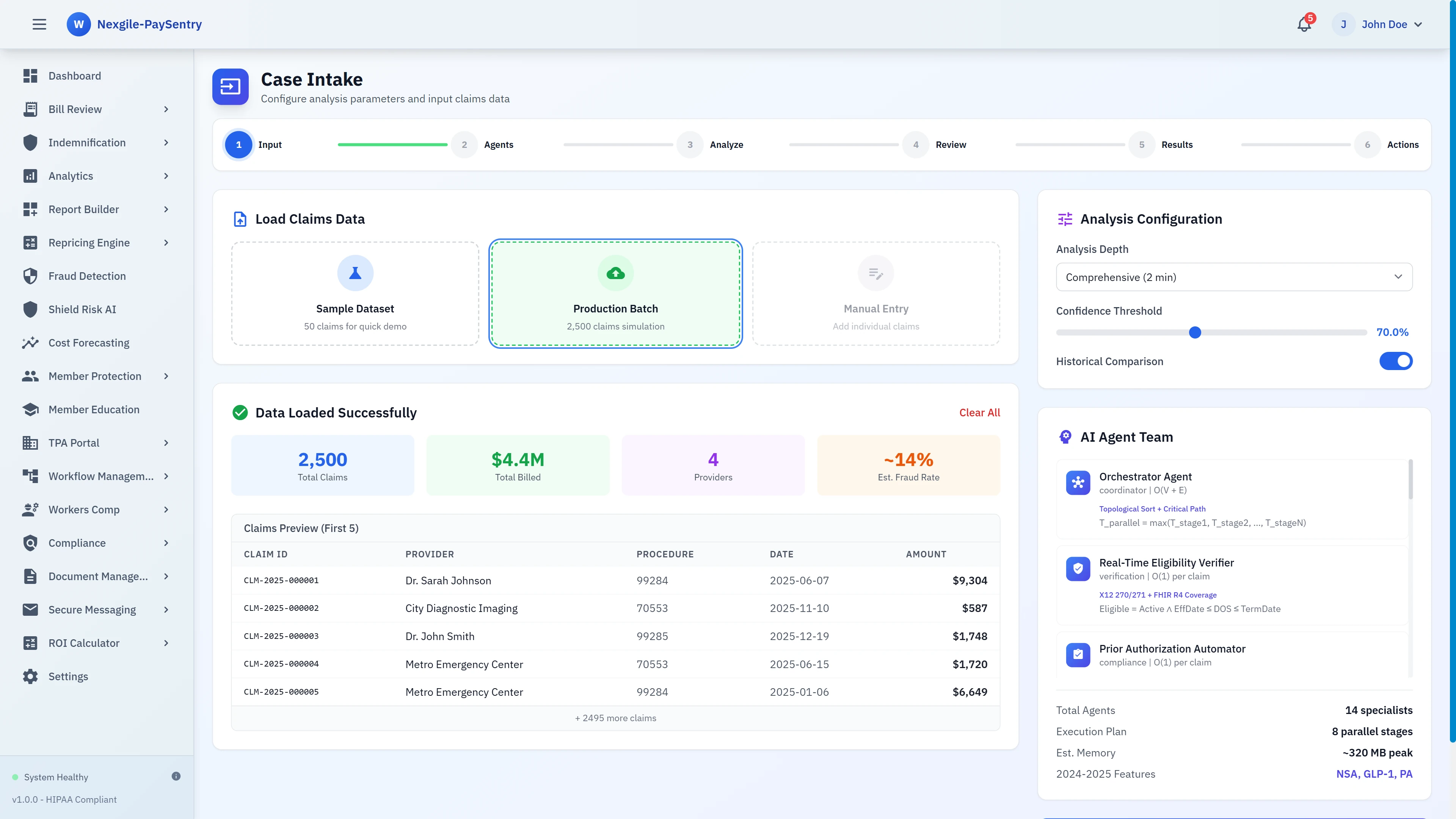 Illustrative preview (sample data, not verified outcomes): Case Intake - Claims data loading interface with AI agent team configuration showing orchestrator, eligibility verifier, and prior authorization automator
