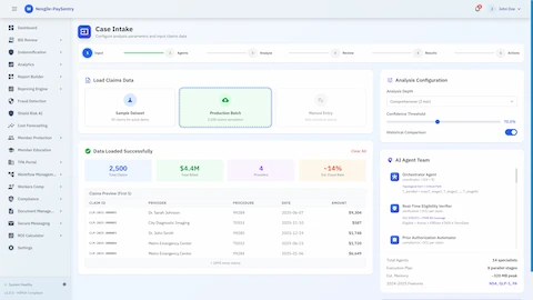 Illustrative preview (sample data, not verified outcomes): Case Intake - Claims data loading interface with AI agent team configuration showing orchestrator, eligibility verifier, and prior authorization automator