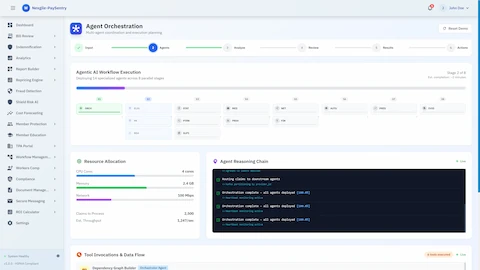 Illustrative preview (sample data, not verified outcomes): Agent Orchestration - Multi-agent workflow execution displaying 14 specialized agents across 8 parallel stages with resource allocation and real-time reasoning chain