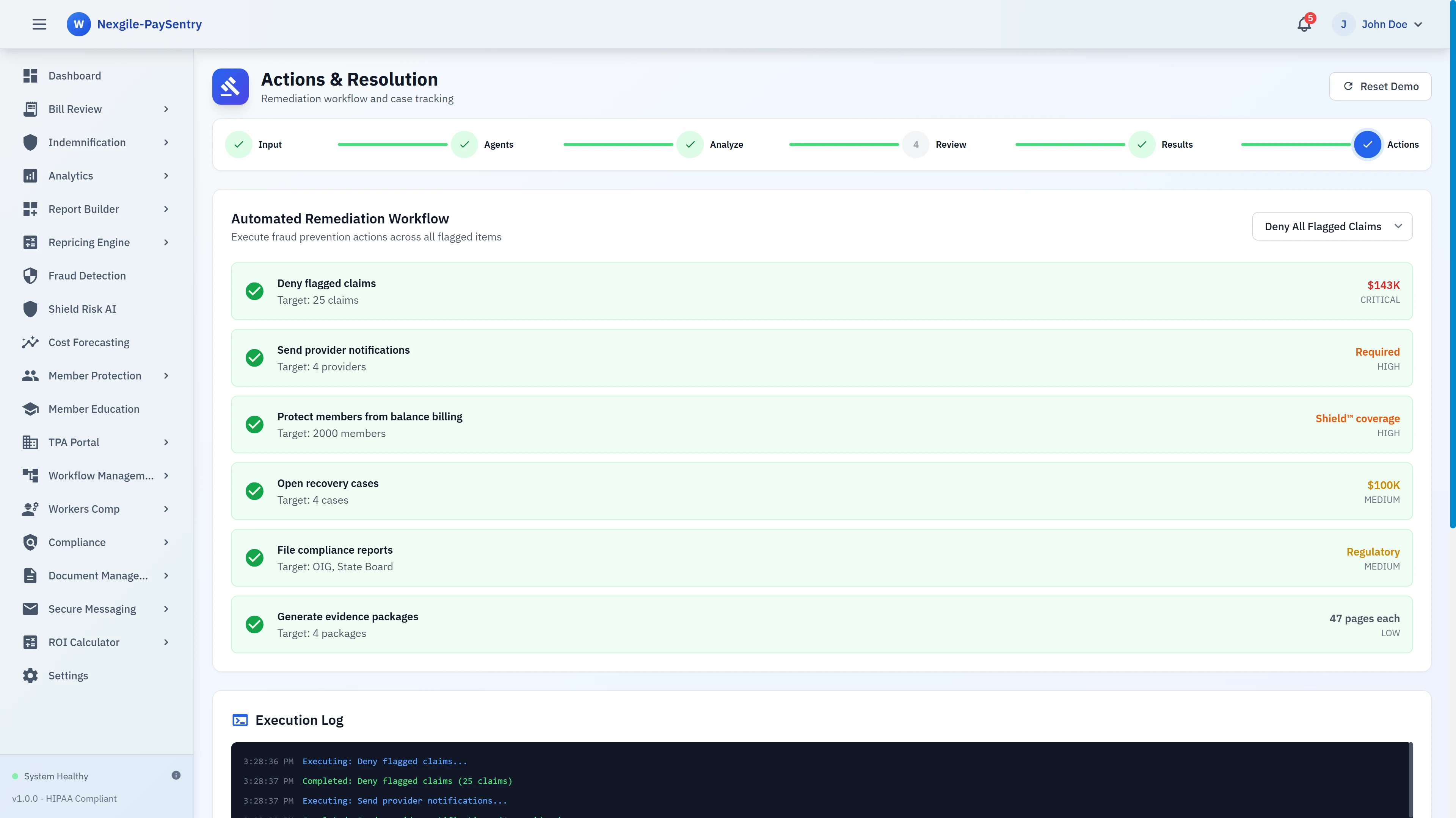Illustrative preview (sample data, not verified outcomes): Actions & Resolution - Automated remediation workflow for fraud prevention including claim denials, provider notifications, and member protection from balance billing