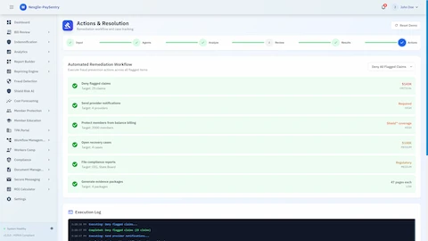 Illustrative preview (sample data, not verified outcomes): Actions & Resolution - Automated remediation workflow for fraud prevention including claim denials, provider notifications, and member protection from balance billing