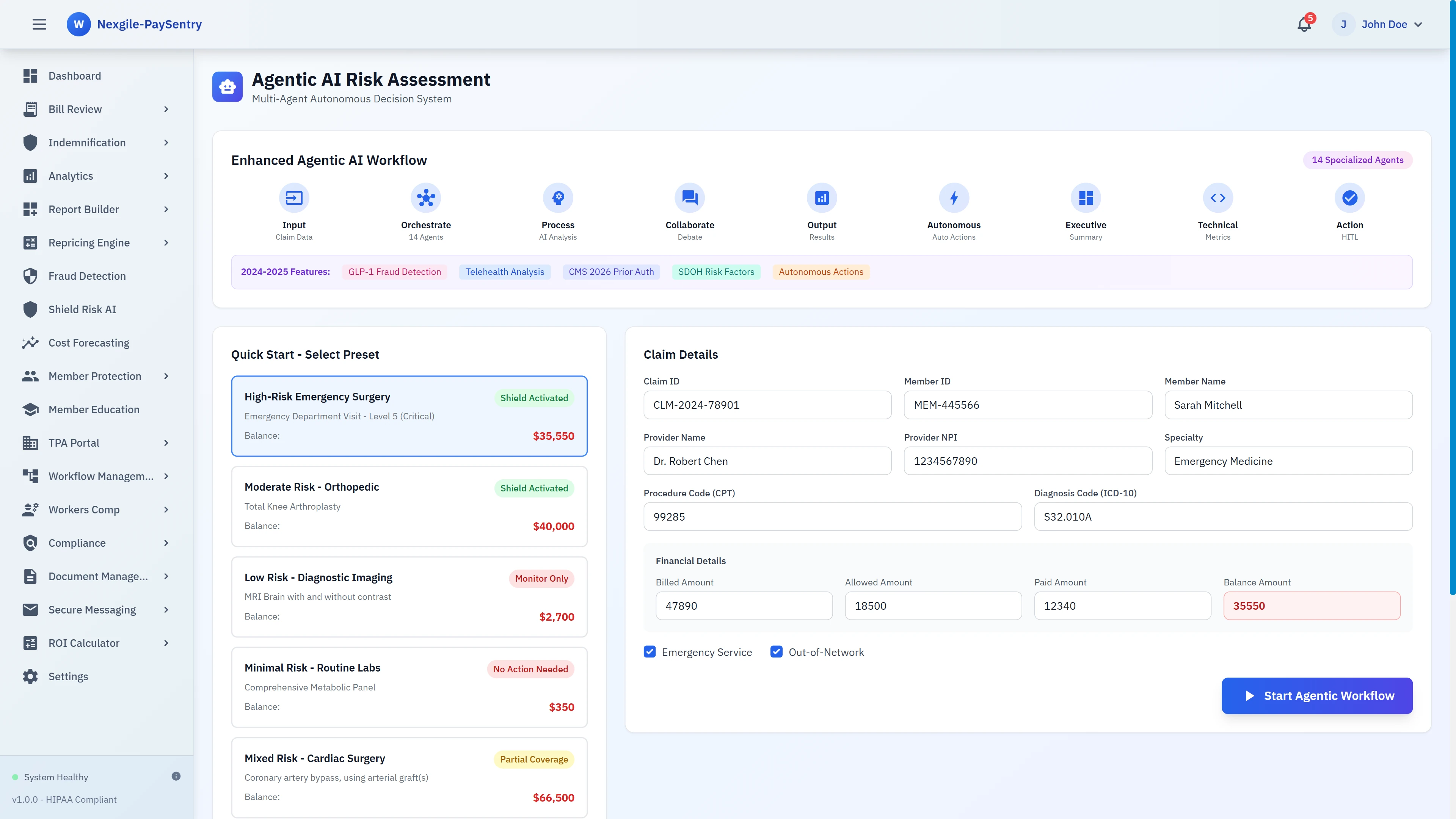 Illustrative preview (sample data, not verified outcomes): Agentic AI Risk Assessment - Workflow configuration interface with claim intake, preset selection, and enhanced features including GLP-1 fraud detection and telehealth analysis