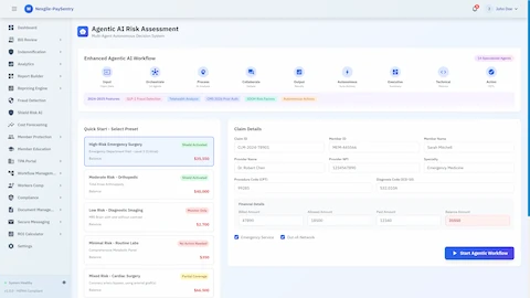 Illustrative preview (sample data, not verified outcomes): Agentic AI Risk Assessment - Workflow configuration interface with claim intake, preset selection, and enhanced features including GLP-1 fraud detection and telehealth analysis