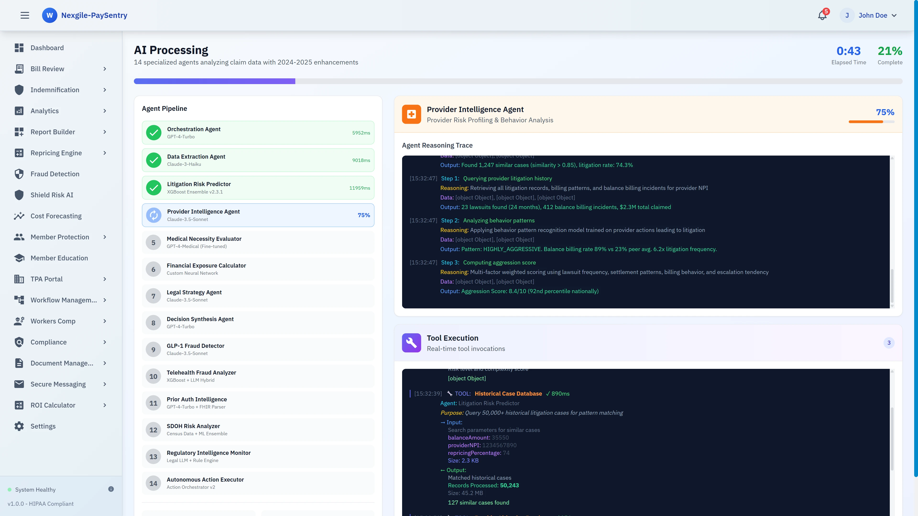 Illustrative preview (sample data, not verified outcomes): AI Processing - Agent pipeline showing 14 specialized agents with real-time reasoning trace and provider intelligence analysis including litigation history and behavior patterns