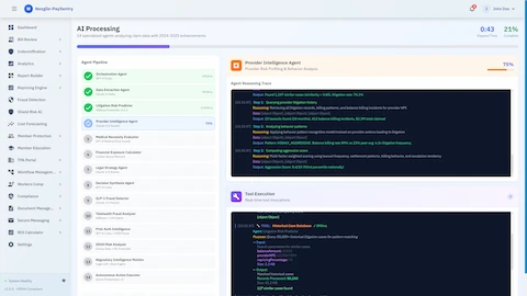 Illustrative preview (sample data, not verified outcomes): AI Processing - Agent pipeline showing 14 specialized agents with real-time reasoning trace and provider intelligence analysis including litigation history and behavior patterns
