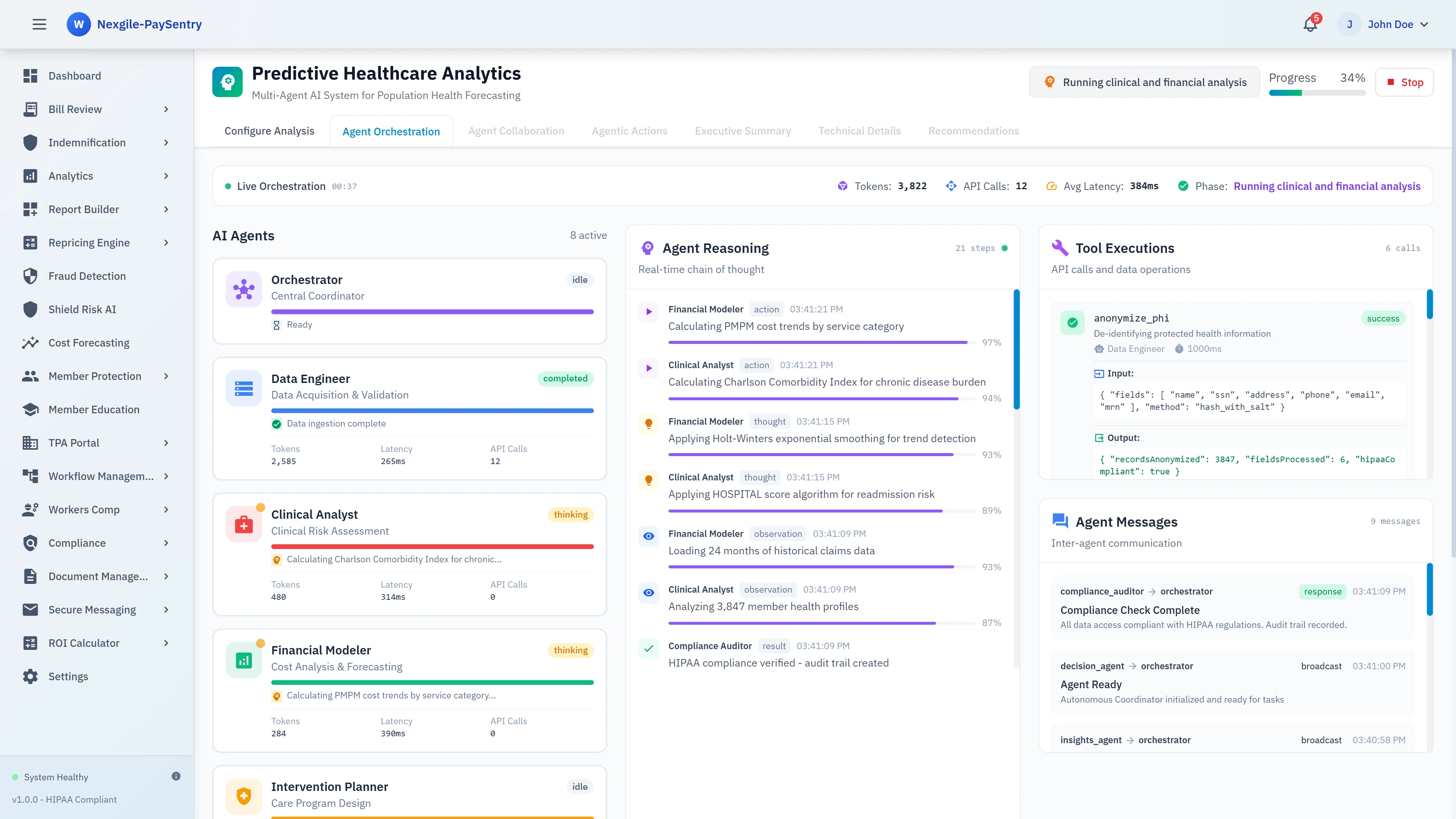 Illustrative preview (sample data, not verified outcomes): Agent Orchestration - Live multi-agent collaboration showing 8 active AI agents with real-time reasoning chains, tool executions, and inter-agent communication messages