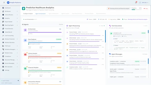 Illustrative preview (sample data, not verified outcomes): Agent Orchestration - Live multi-agent collaboration showing 8 active AI agents with real-time reasoning chains, tool executions, and inter-agent communication messages