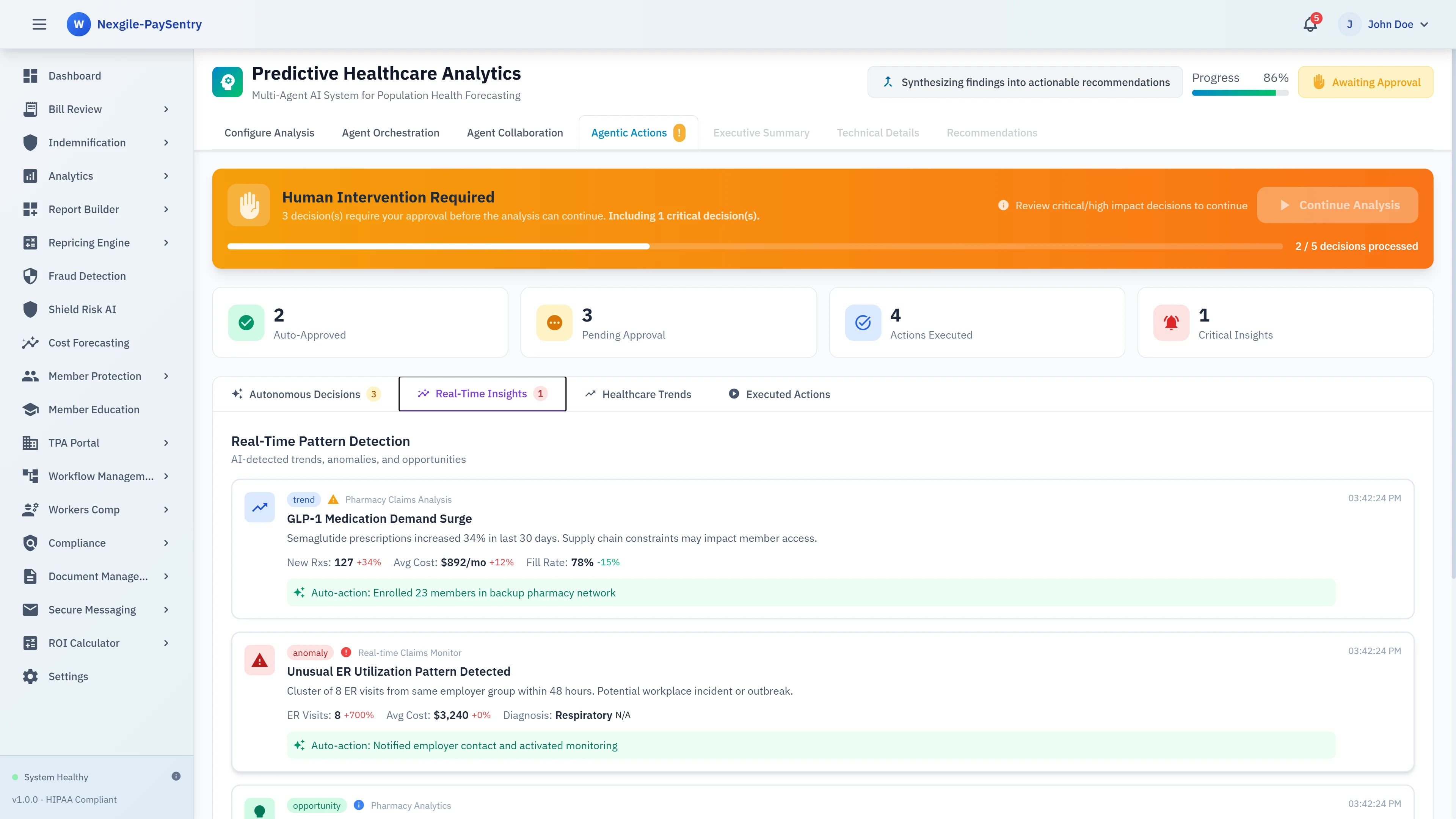 Illustrative preview (sample data, not verified outcomes): Agentic Actions - Human-in-the-loop approval workflow with autonomous decision tracking and real-time pattern detection for GLP-1 medication trends and unusual ER utilization
