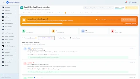 Illustrative preview (sample data, not verified outcomes): Agentic Actions - Human-in-the-loop approval workflow with autonomous decision tracking and real-time pattern detection for GLP-1 medication trends and unusual ER utilization