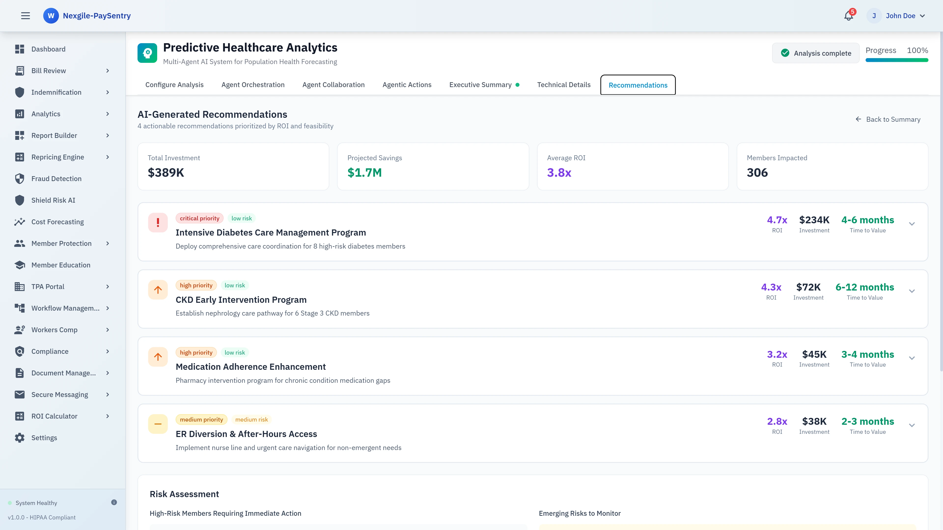 Illustrative preview (sample data, not verified outcomes): AI-Generated Recommendations - Prioritized intervention programs with ROI analysis, investment requirements, and time-to-value estimates for diabetes care, CKD intervention, and medication adherence