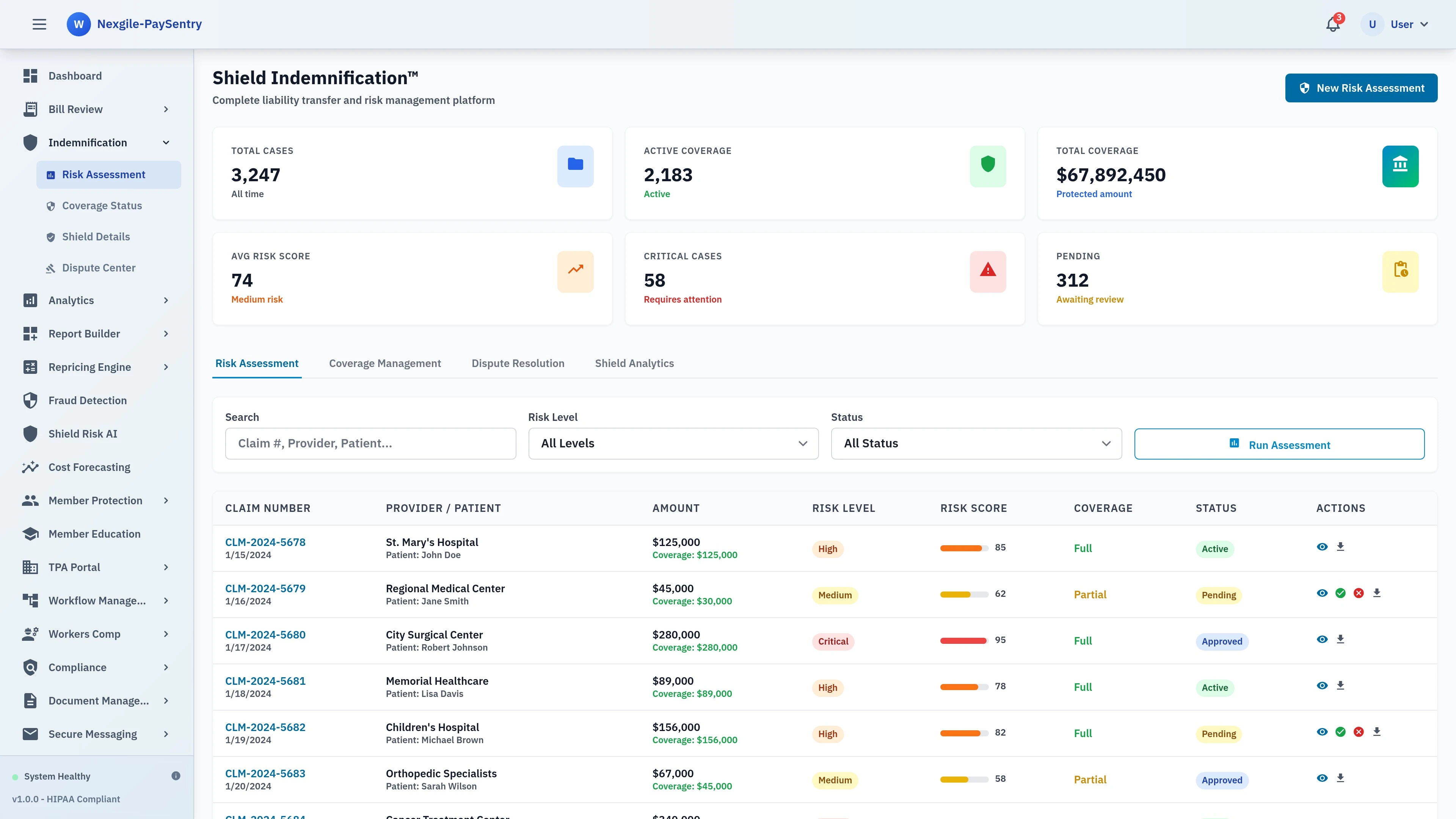 Illustrative preview (sample data, not verified outcomes): Indemnification Risk Management Interface