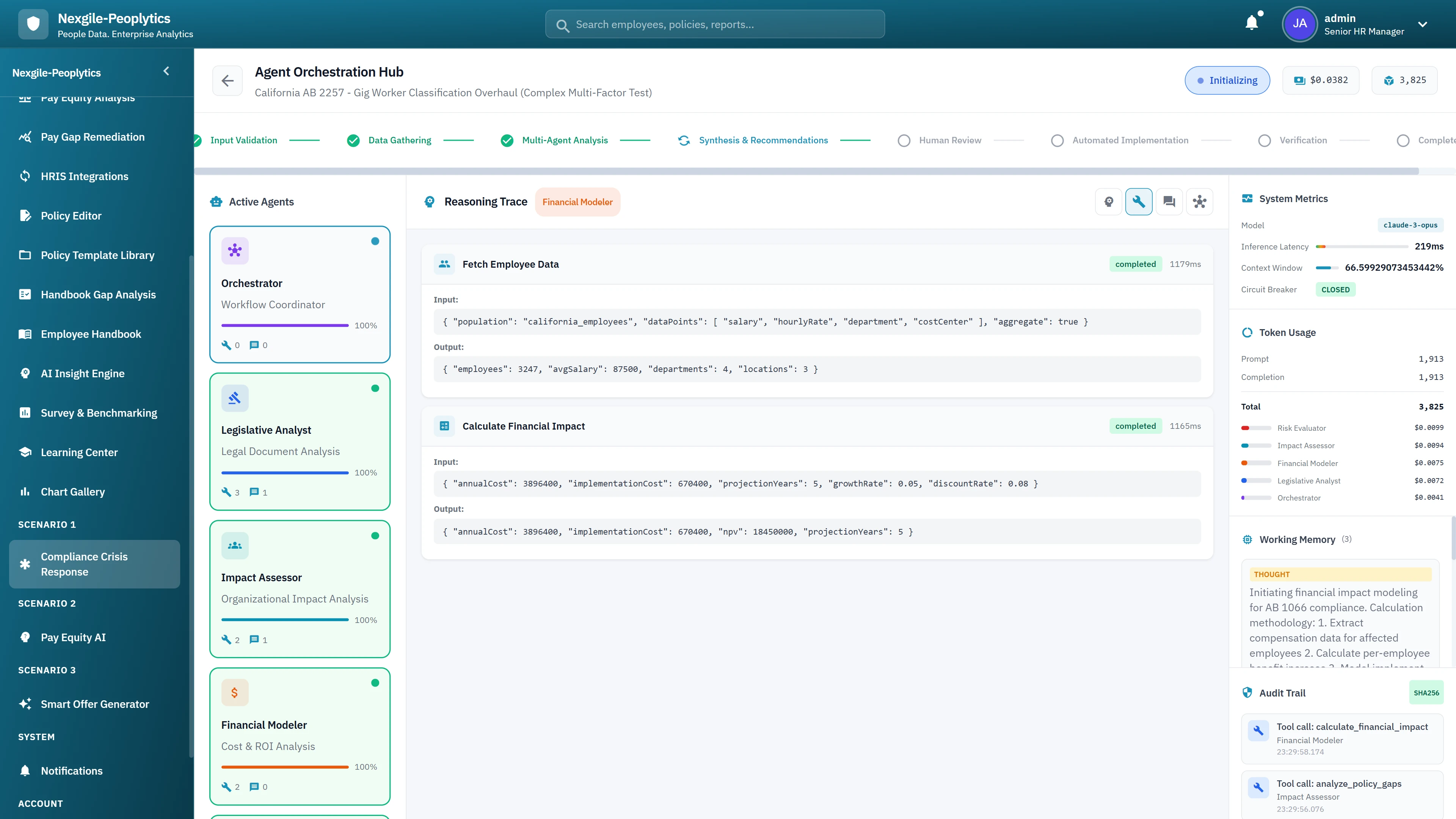 Illustrative preview (sample data, not verified outcomes): Agent Orchestration Hub - Active agents with reasoning trace, real-time code execution, token usage, and system metrics