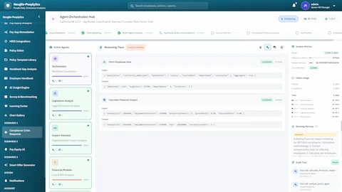 Illustrative preview (sample data, not verified outcomes): Agent Orchestration Hub - Active agents with reasoning trace, real-time code execution, token usage, and system metrics