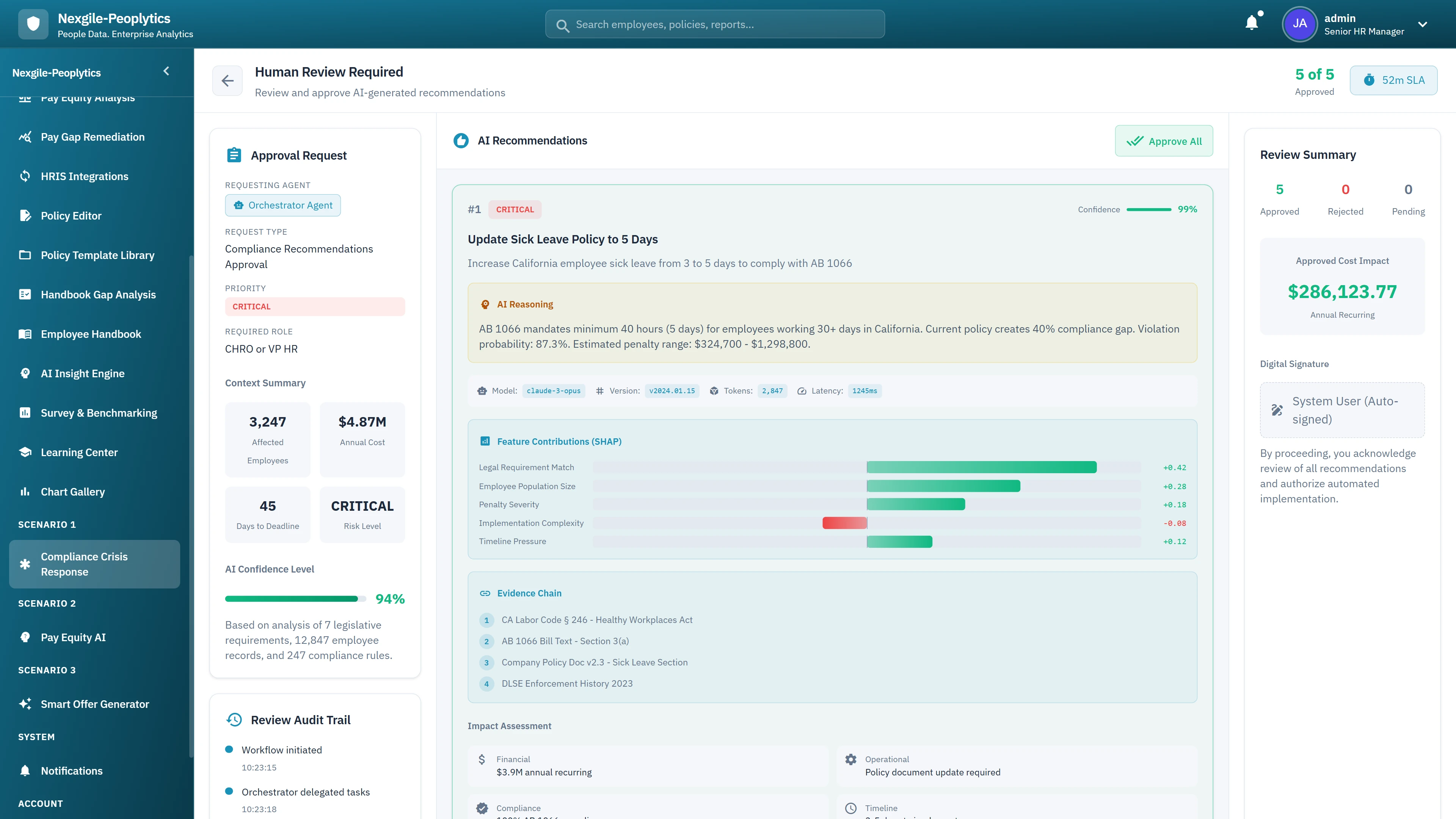 Illustrative preview (sample data, not verified outcomes): Human Review Required - AI recommendations with approval request, policy contributions, evidence citations, and review audit trail