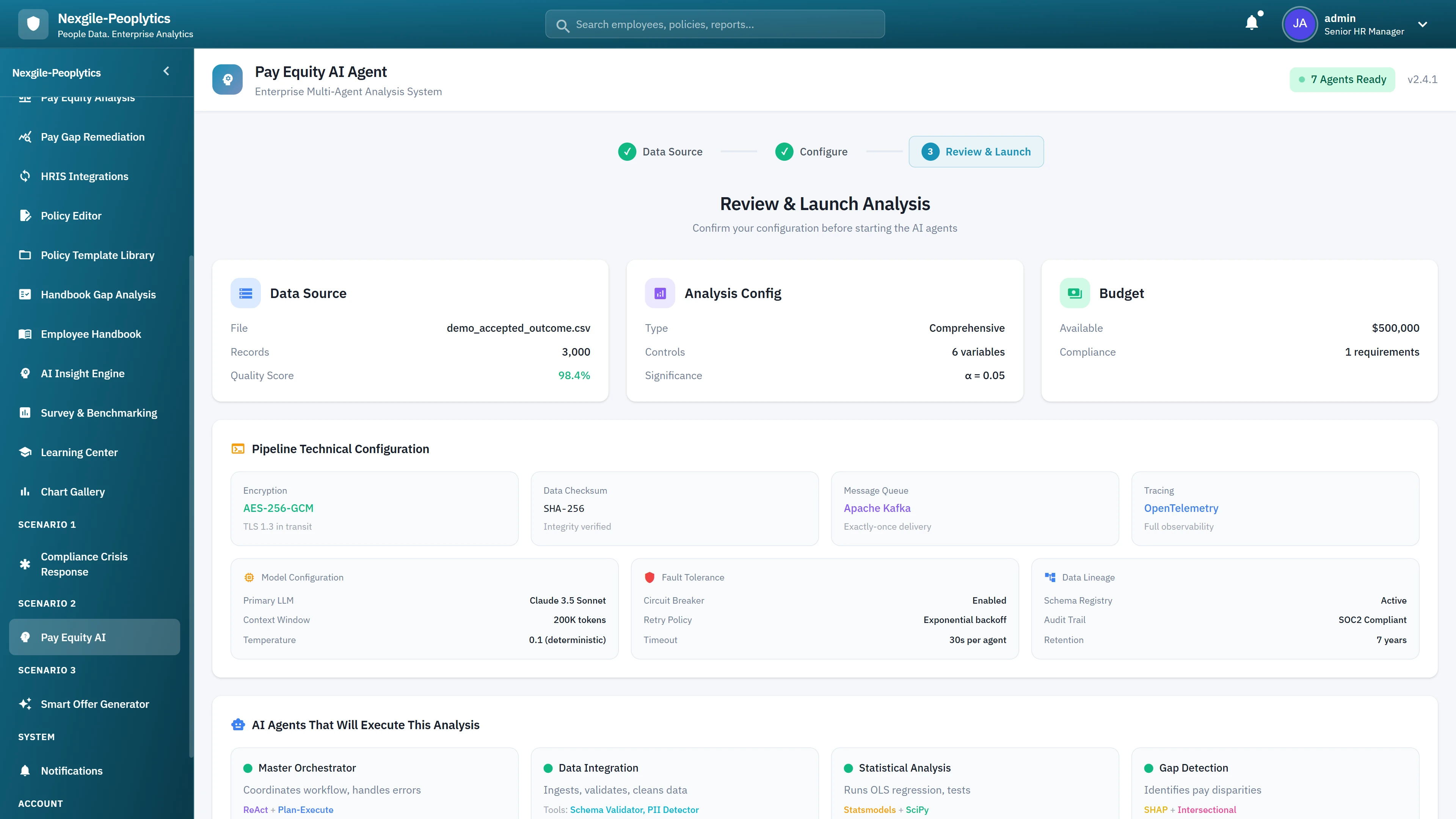 Illustrative preview (sample data, not verified outcomes): Review & Launch Analysis - Data source configuration, analysis settings, budget parameters, and pipeline technical configuration with AI agents overview