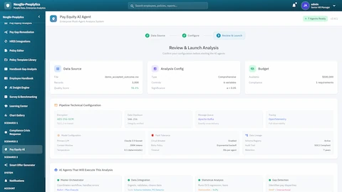 Illustrative preview (sample data, not verified outcomes): Review & Launch Analysis - Data source configuration, analysis settings, budget parameters, and pipeline technical configuration with AI agents overview