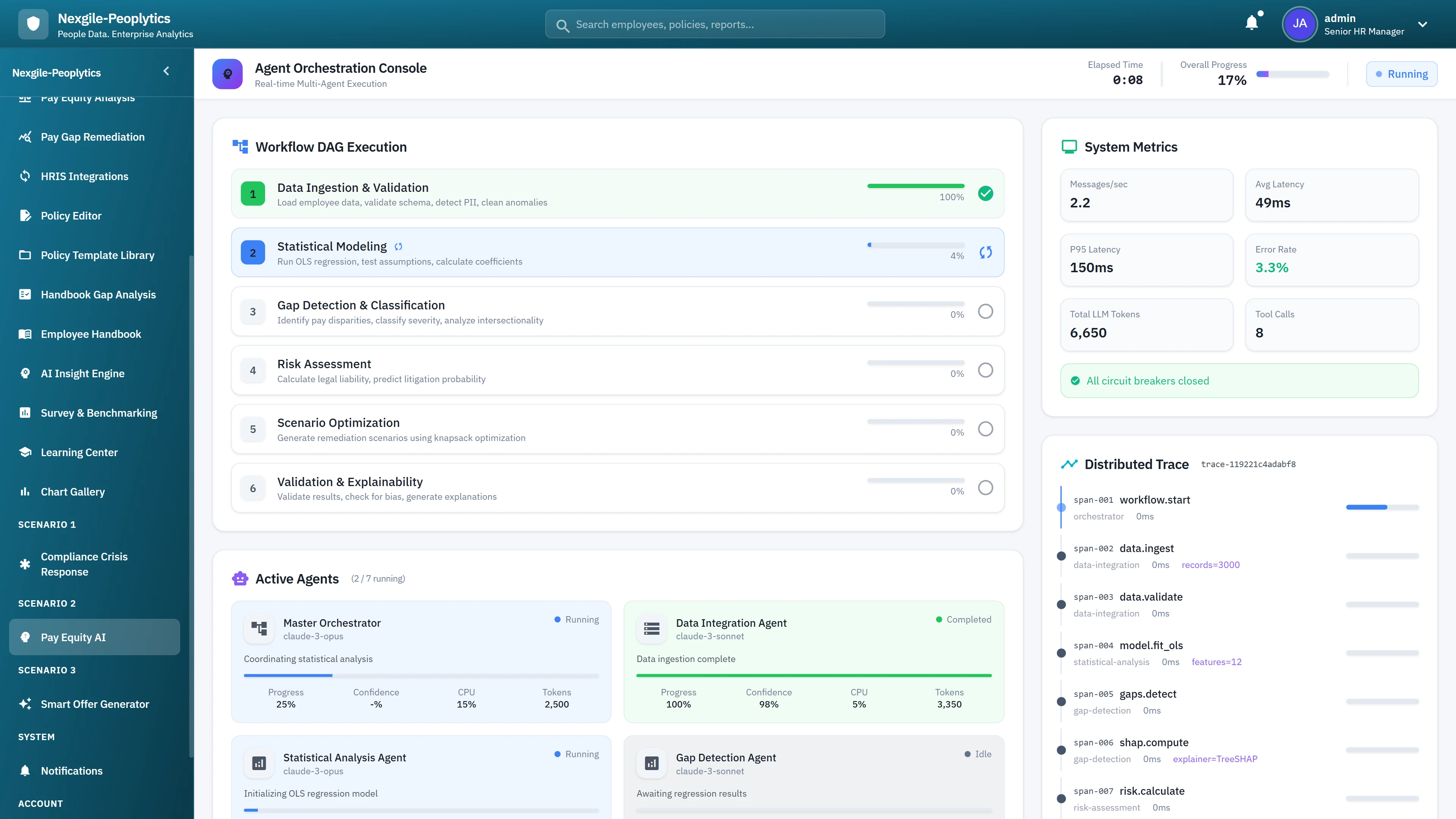 Illustrative preview (sample data, not verified outcomes): Agent Orchestration Console - Workflow DAG execution progress, system metrics, active agents status, and distributed trace monitoring