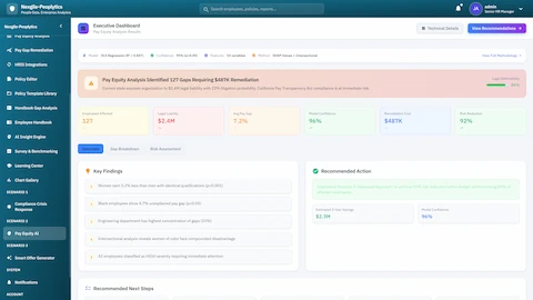 Illustrative preview (sample data, not verified outcomes): Executive Dashboard - Pay equity analysis results showing 127 gaps identified, $487K remediation required, key findings, and recommended actions