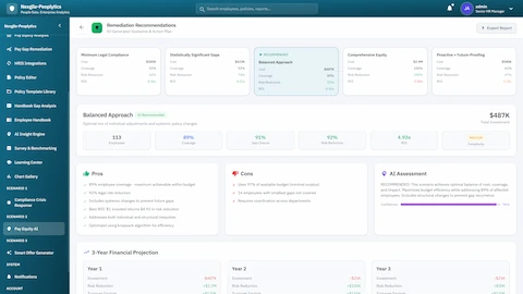 Illustrative preview (sample data, not verified outcomes): Remediation Recommendations - Multiple remediation approaches comparison with pros/cons, AI assessment, and 3-year financial projection