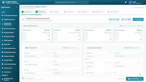 Illustrative preview (sample data, not verified outcomes): Configure Compensation Analysis - Real-time data enrichment from multiple HRIS sources, role information, and candidate information setup