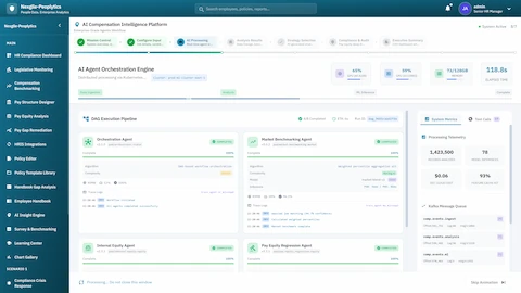 Illustrative preview (sample data, not verified outcomes): AI Agent Orchestration Engine - DAG execution pipeline with active agents, system metrics, processing telemetry, and Kafka message queue
