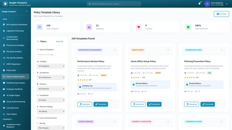 Illustrative preview (sample data, not verified outcomes): Policy Templates Portal - HR compliance policies and templates management interface