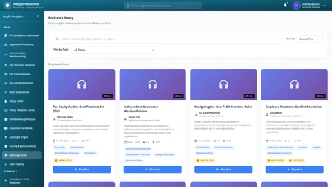 Illustrative preview (sample data, not verified outcomes): Learning Center - Podcasts section showcasing HR workforce management educational content