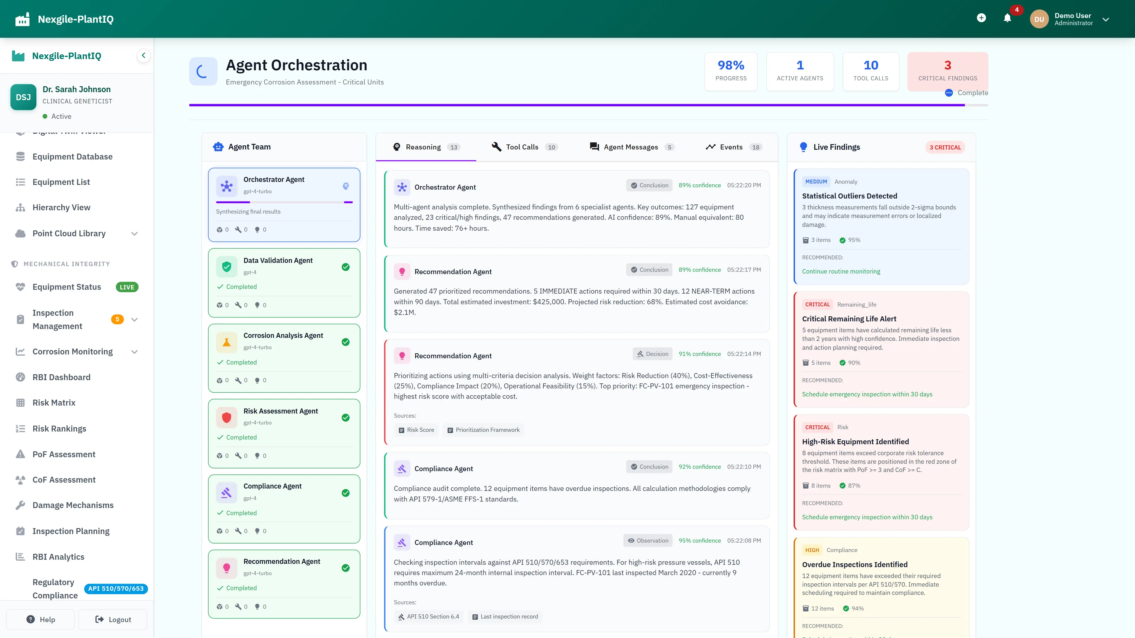 Illustrative preview (sample data, not verified outcomes): Agent Orchestration - Real-time execution monitoring with reasoning and live findings