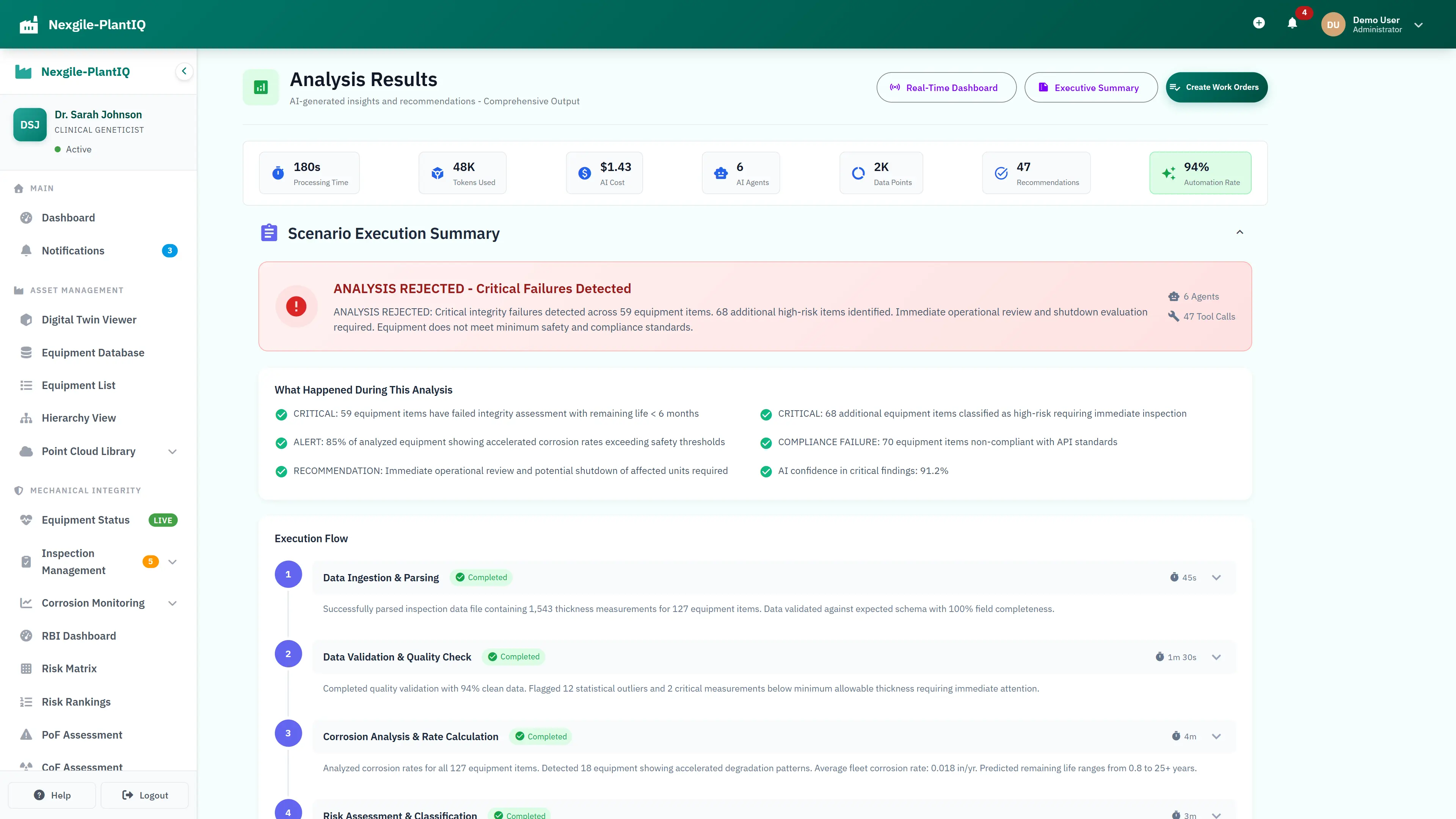 Illustrative preview (sample data, not verified outcomes): Analysis Results - AI-generated insights with execution flow and critical findings