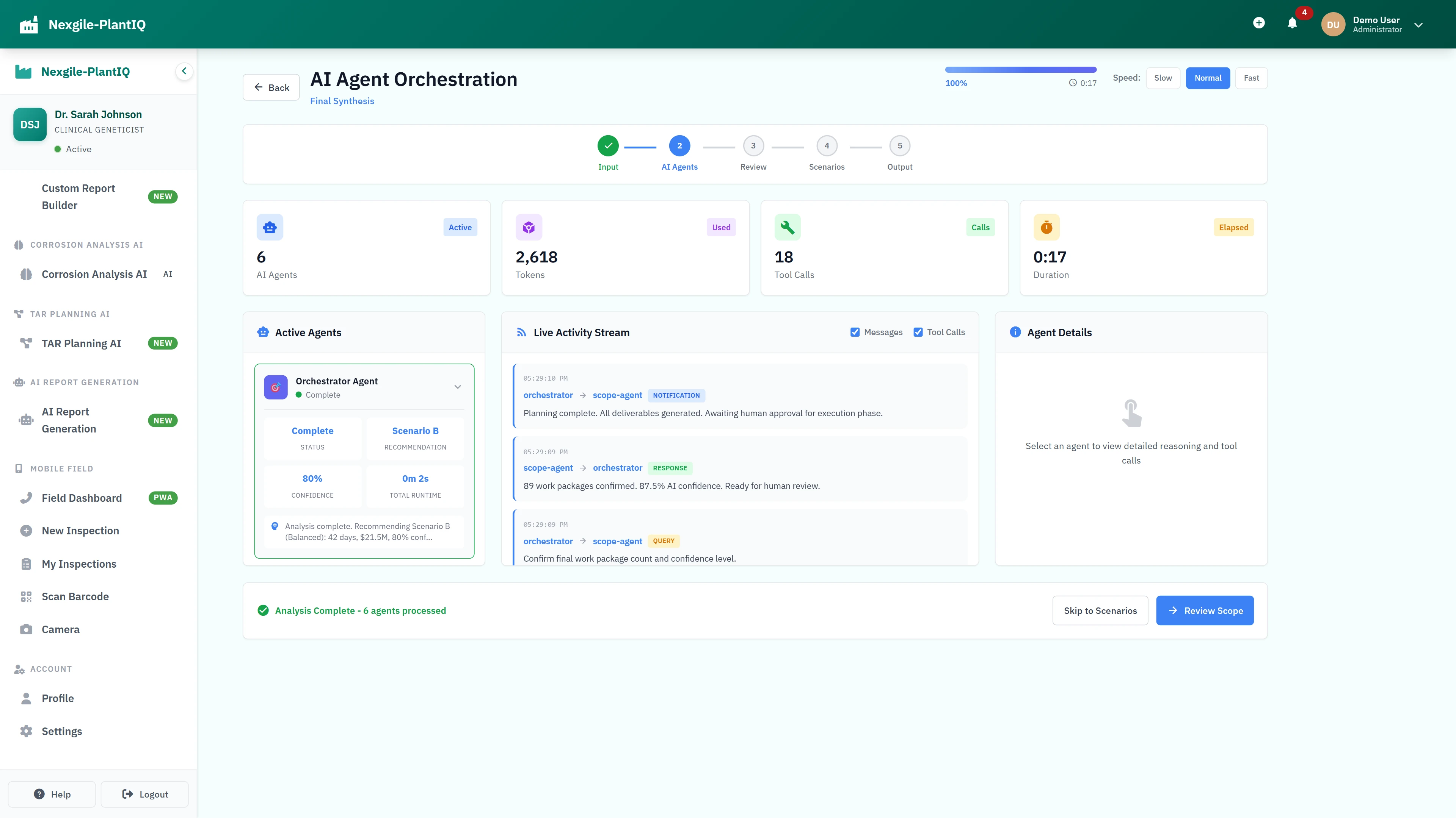 Illustrative preview (sample data, not verified outcomes): AI Agent Orchestration - Multi-step planning workflow with live activity stream