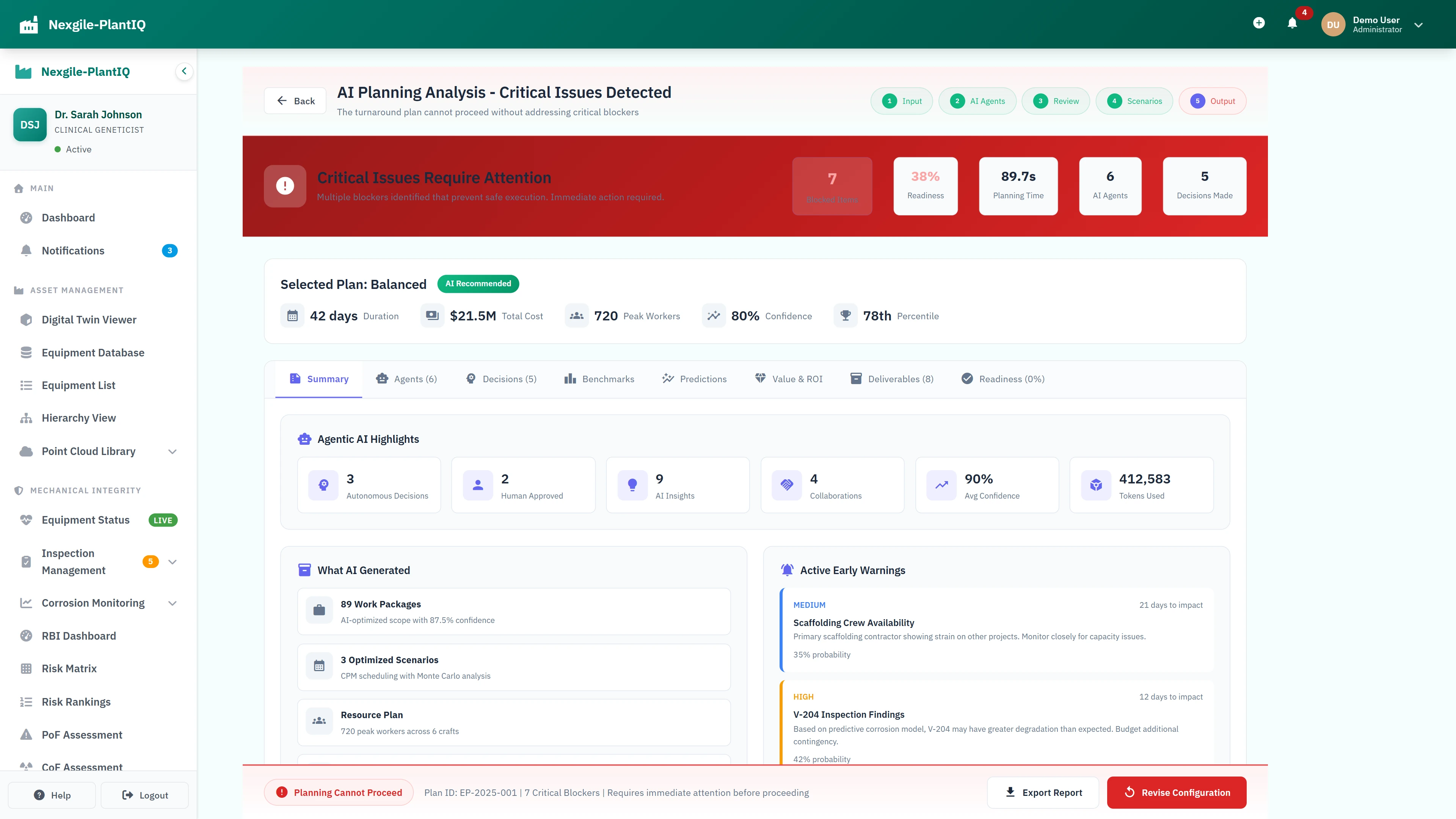Illustrative preview (sample data, not verified outcomes): AI Planning Analysis - Critical issues detection with plan details and early warnings