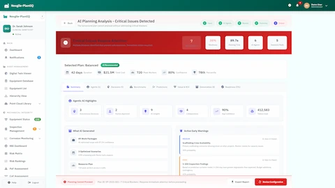 Illustrative preview (sample data, not verified outcomes): AI Planning Analysis - Critical issues detection with plan details and early warnings