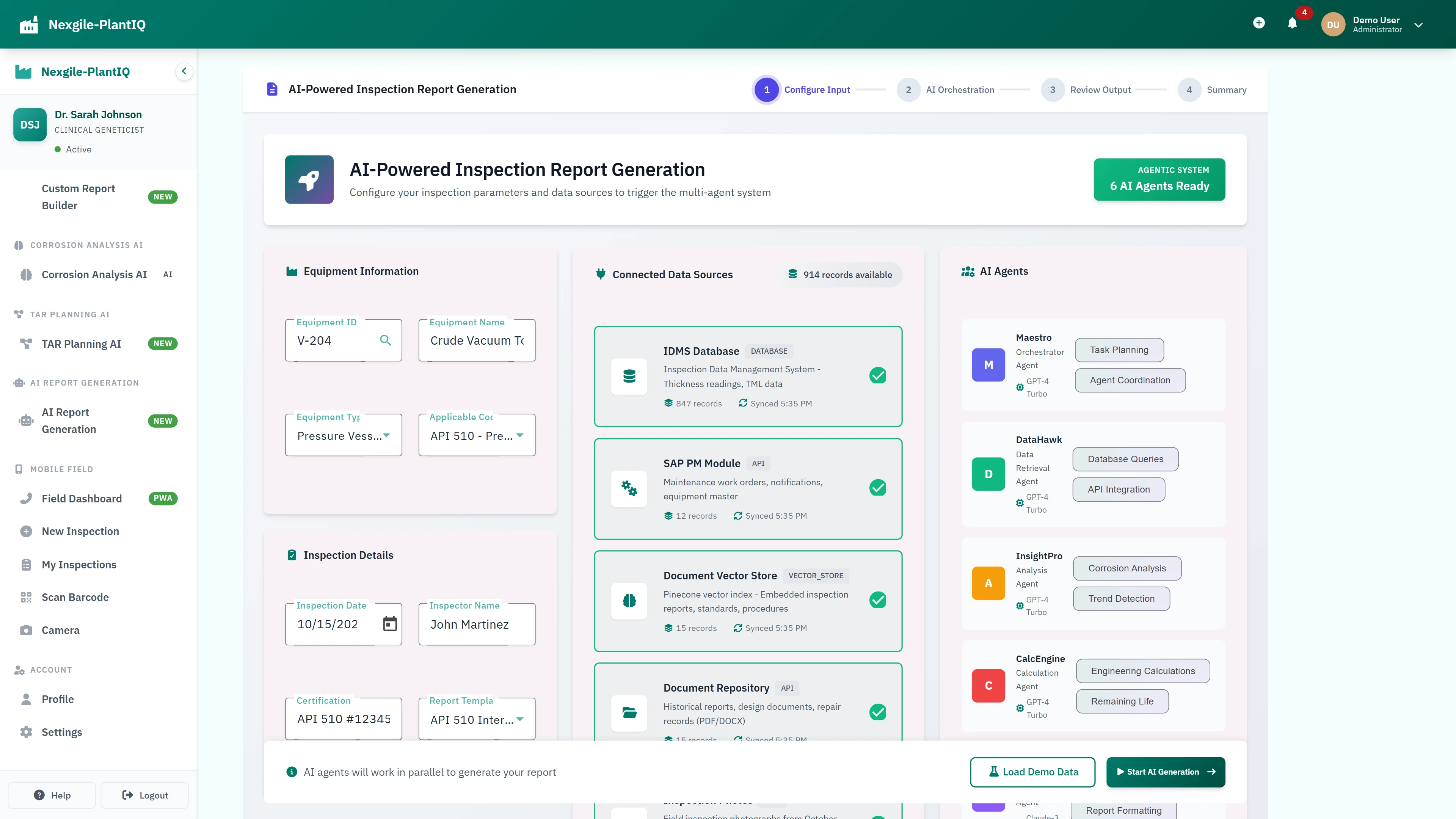 Illustrative preview (sample data, not verified outcomes): Configure Input - Equipment details, data sources, and AI agent selection