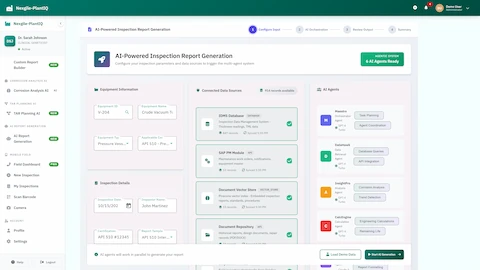 Illustrative preview (sample data, not verified outcomes): Configure Input - Equipment details, data sources, and AI agent selection