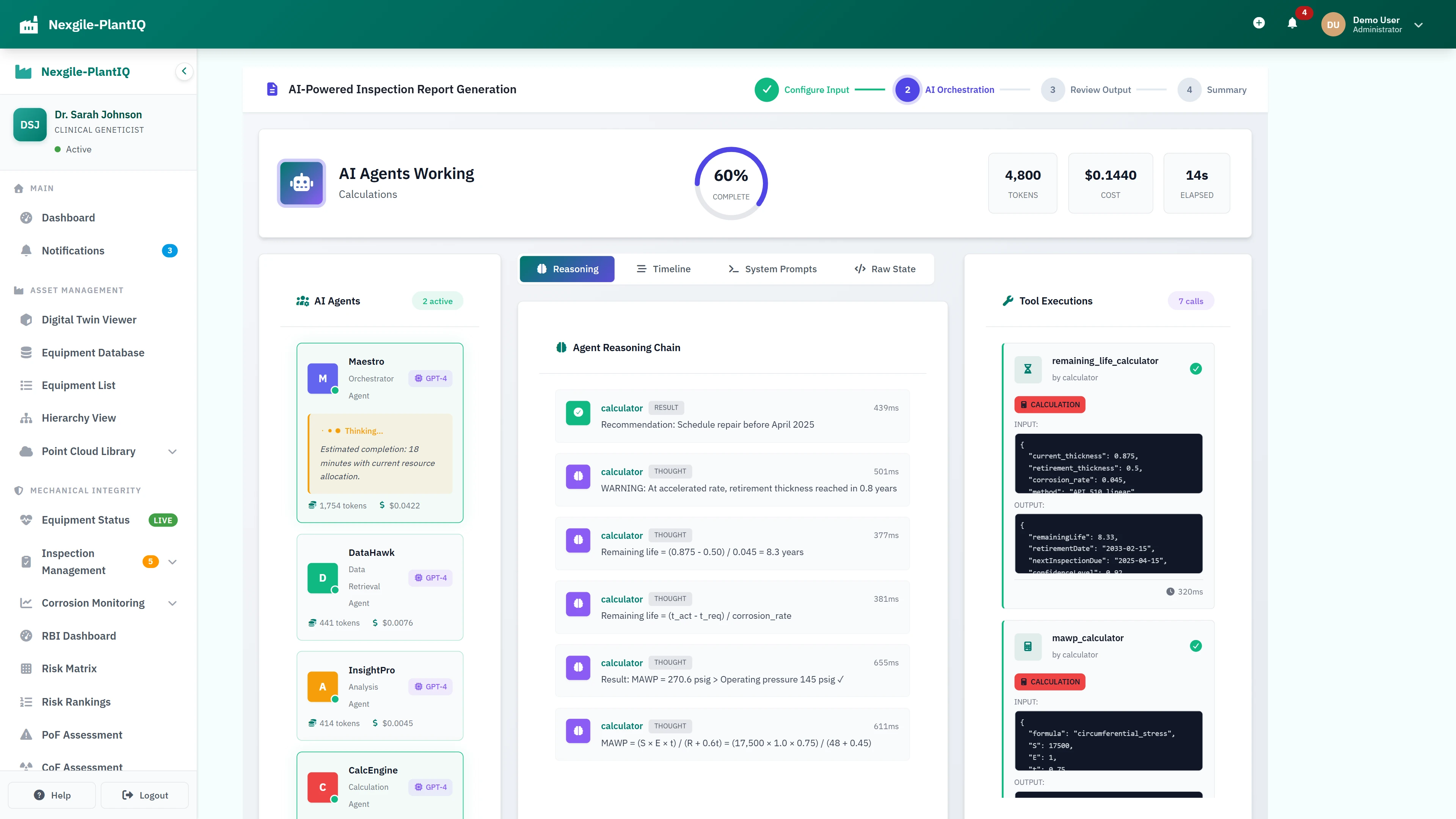 Illustrative preview (sample data, not verified outcomes): AI Agents Working - Real-time calculations with agent reasoning chain