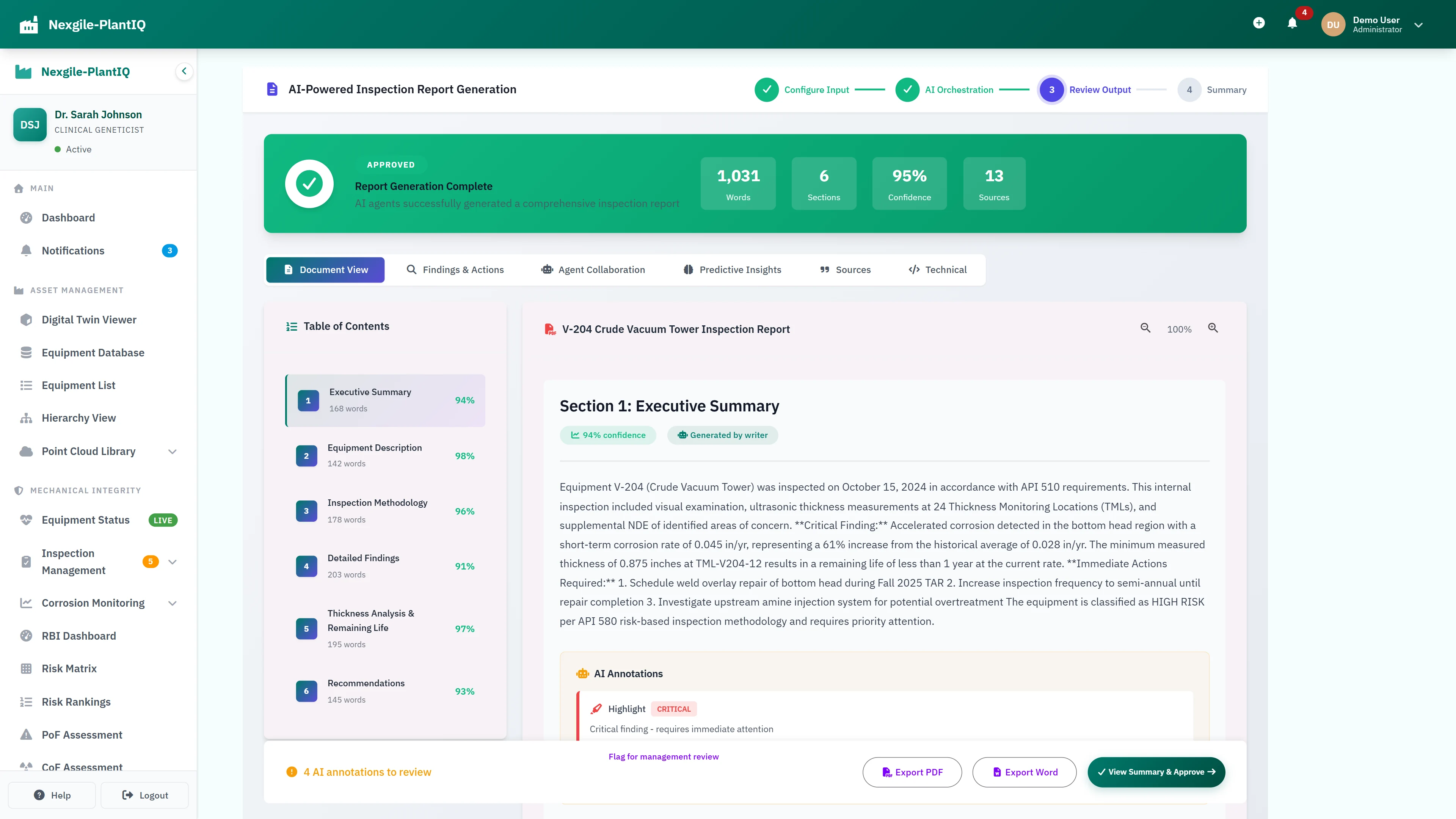 Illustrative preview (sample data, not verified outcomes): Review Output - Generated inspection report with confidence scores and annotations