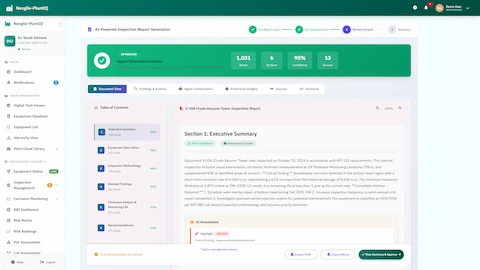 Illustrative preview (sample data, not verified outcomes): Review Output - Generated inspection report with confidence scores and annotations