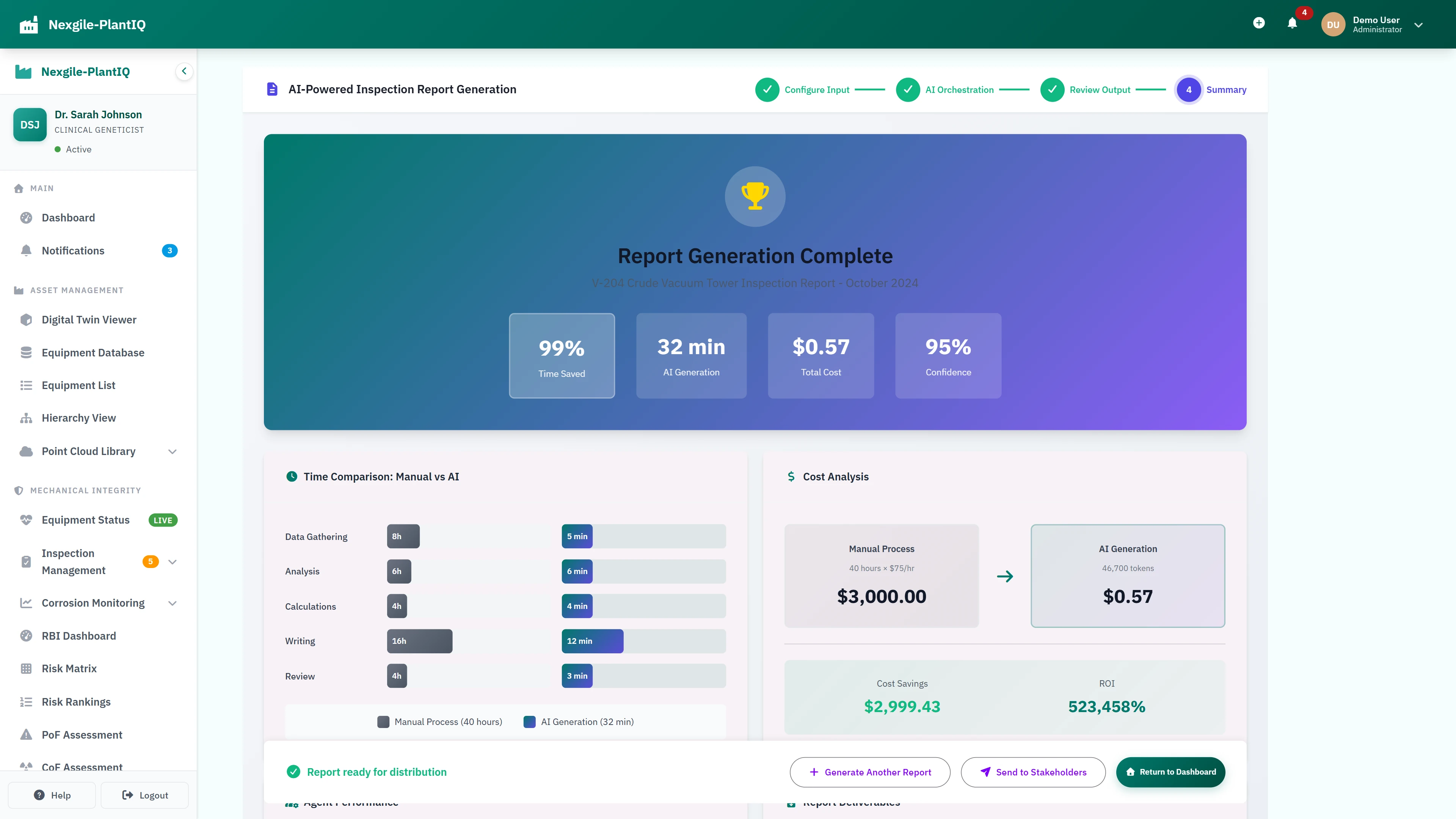 Illustrative preview (sample data, not verified outcomes): Report Summary - Completion metrics with time savings and ROI analysis